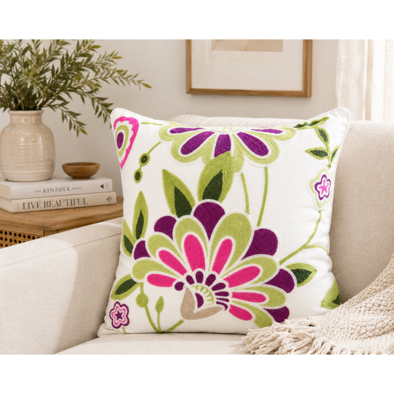 Flora Embroidered Cotton Reversible Throw Pillow, Violet, Feather