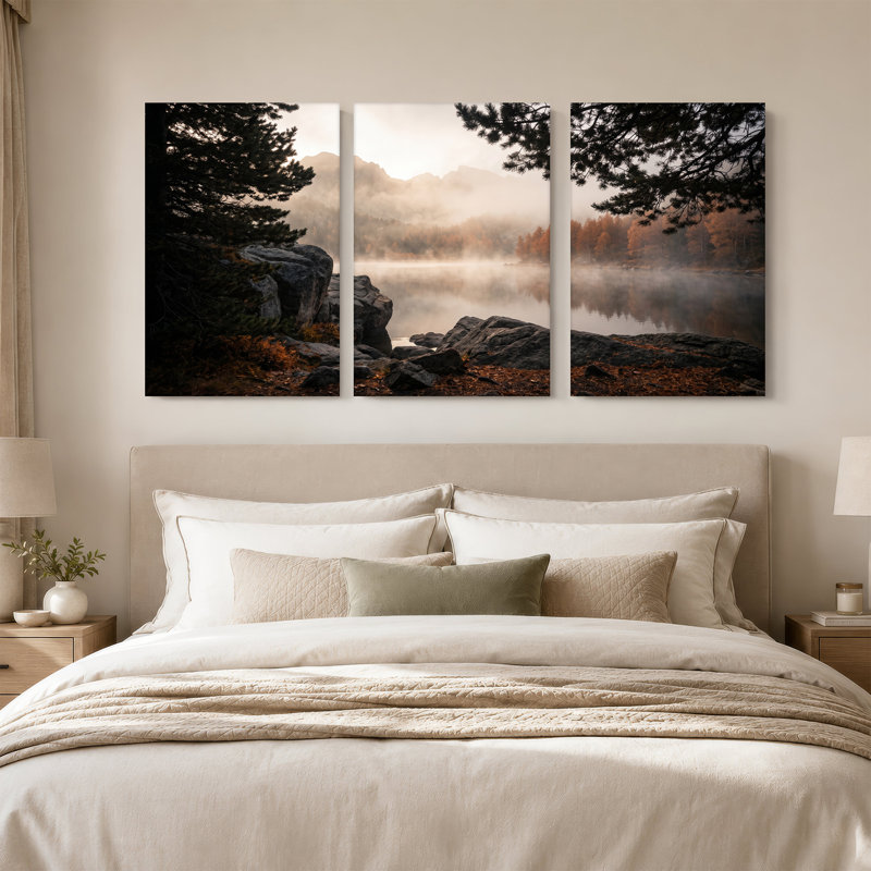 "Misty Mountain Lake" avec pin et forêt d'automne, ensemble de 3 toiles, 30"H x 20"W x 3pcs
