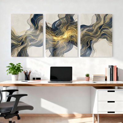 Abstract Gold And Navy Blue Wave Pattern Canvas Wrapped Wall Art Oil Painting Print Set Of 3 For Living Room Bedroom Or Office Decor