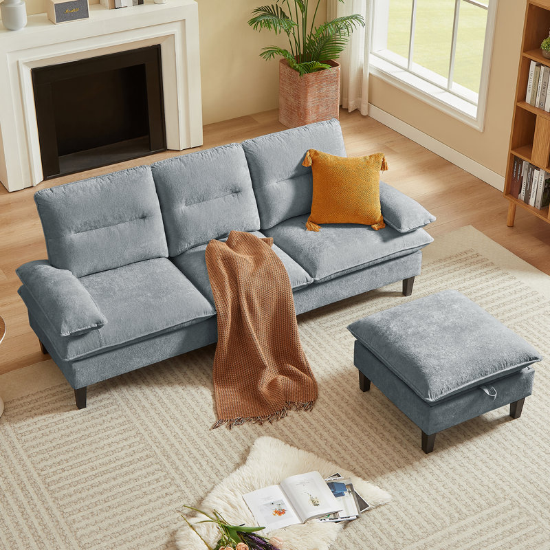 86.22" Chenille Sectional Sofa With Ottoman, Light Gray
