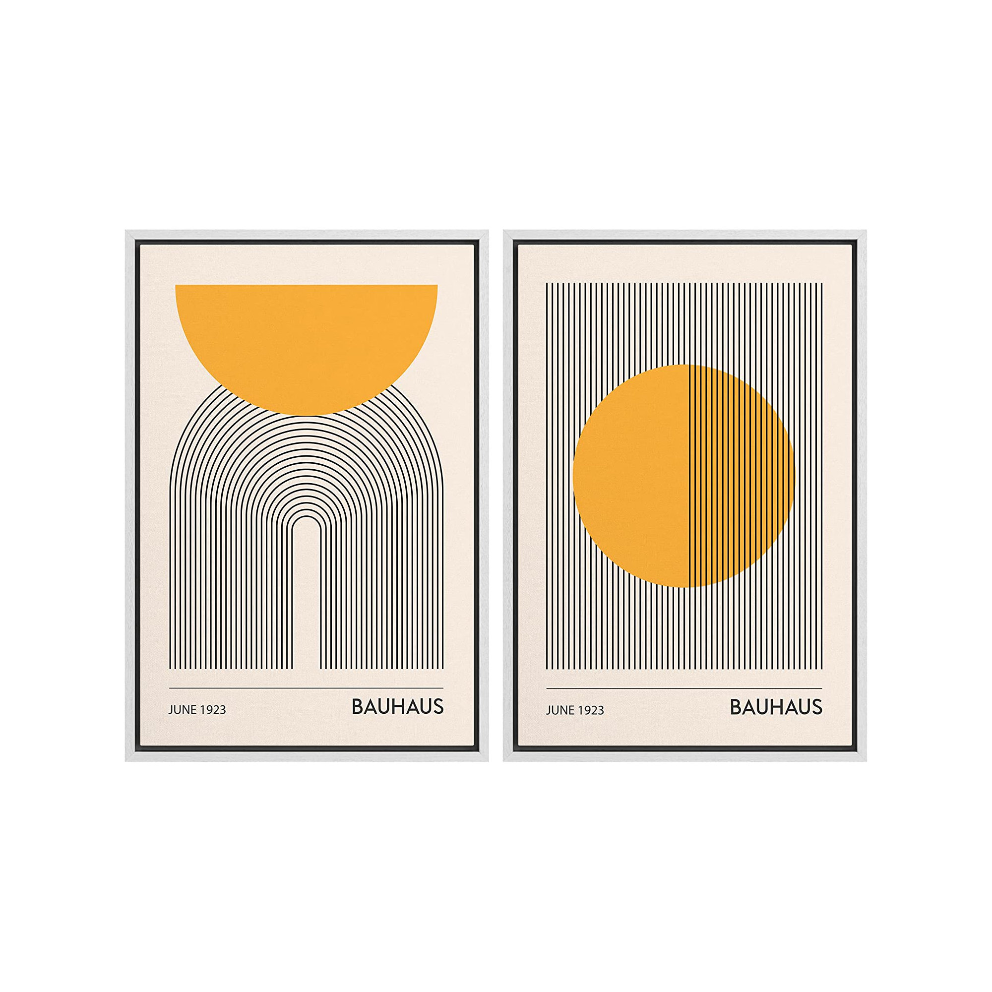 Mid Century Modern Boho Bauhaus Solar Sun Abstract Art Decor Framed On Canvas 2 Pieces Print, White Floater Framed