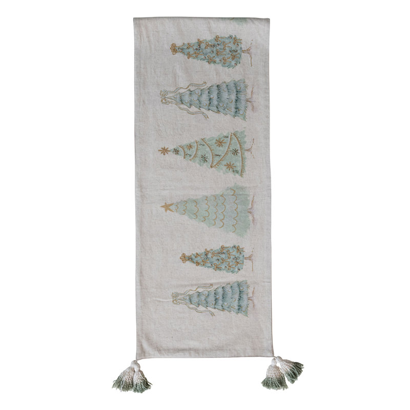 Linen Printed Table Runner With Trees, Embroidery, Beads, French Knots, And Tassels