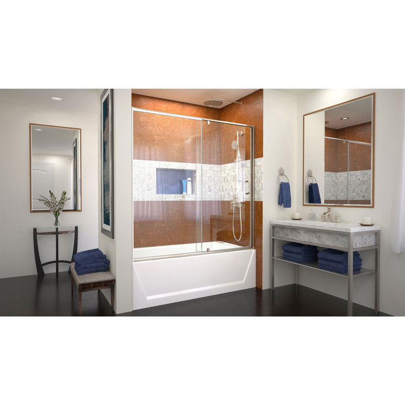 Porte de baignoire réversible semi-sans cadre H 56 "- l 60" H 58 ", Nickel brossé