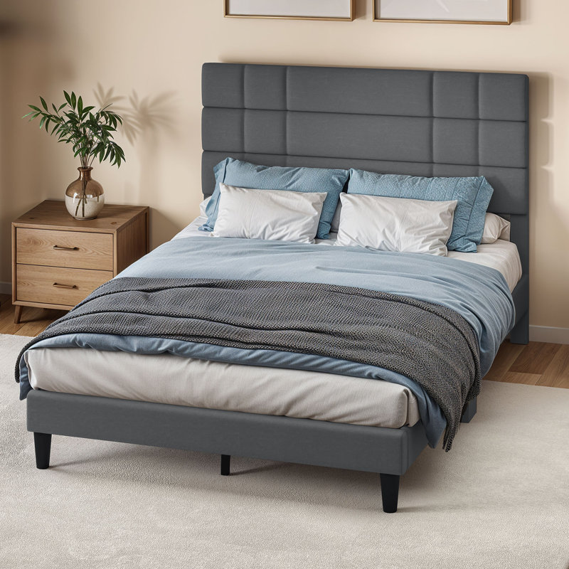 Upholstered Platform Bed, Gray, Queen