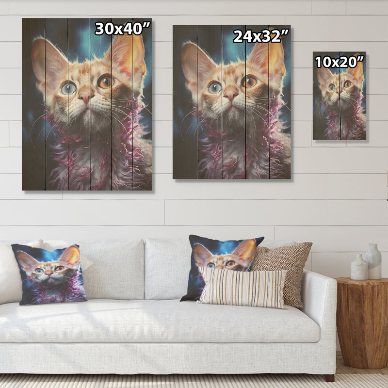 Devon Rex Dream Cat I - art mural en bois sur bois de pin naturel, H 32 po x l 24 po