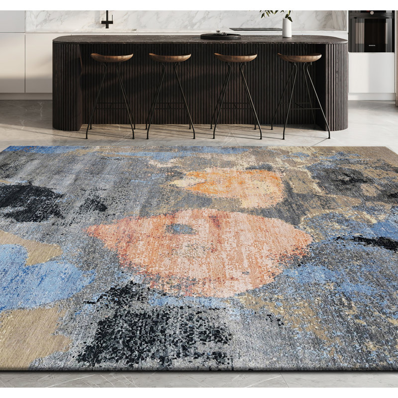 Tapis beige / bleu noué à la main de haute qualité, Rectangle 9 pi x 12 pi