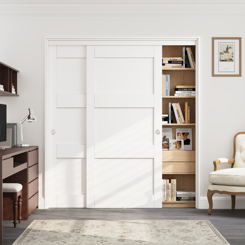  80" 3-lite White Sliding Closet Door and Solid Manufactured Wood with Installation Hardware Kit & Handle, 72" x 80"