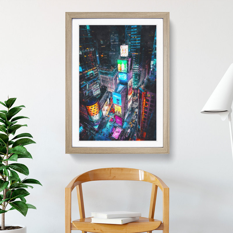 Times Square in New York City - Picture Frame Painting Print, 63cm H x 45cm W x 2cm D, Oak Framed