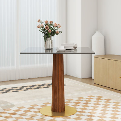 Table de salle à manger carrée en verre trempé pour 2 personnes avec pieds en bois et base dorée, 33,5 po, convient aux petites salles de réunion, capacité de poids élevée, style moderne, qualité d'entretien facile