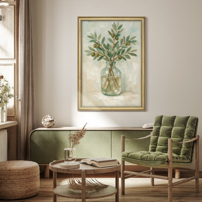 Olive Branch in Glass Vase Minimal Botanical Wall Decor for Living Room Kitchen or Entryway Framed Wall Art 26"x36"