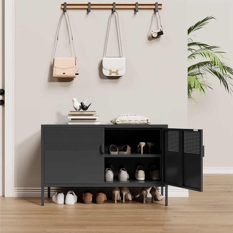  25 Inch Metal Side Cabinet, Double Door TV Stand, Storage Cabinet with Adjustable Shelves, Black