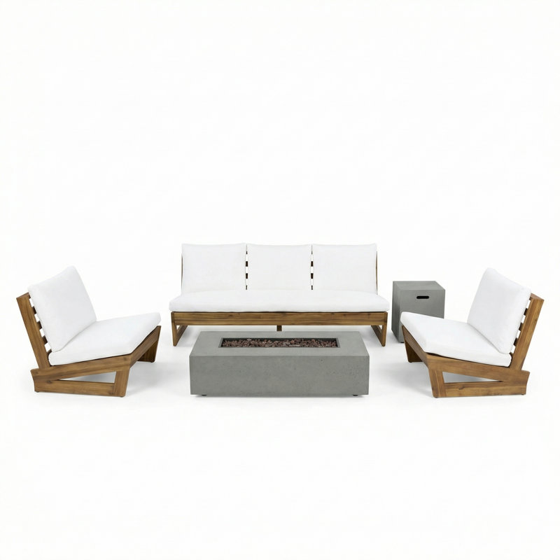 Ensemble de conversation avec coussins Louise, 7 pièces: table de foyer, support de réservoir,, Blanc, Teck