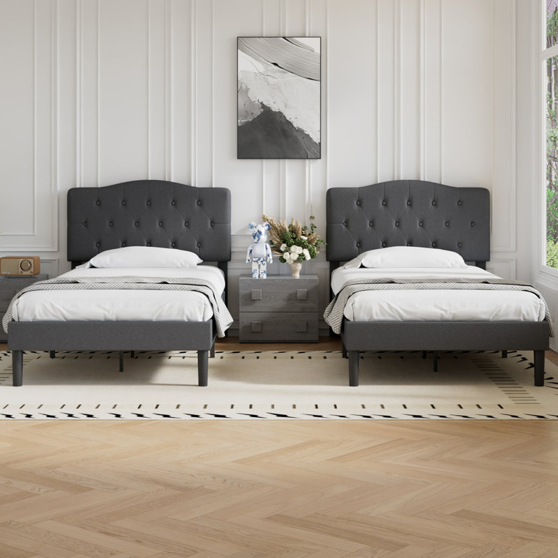 Lit simple tapissier de taille simple avec tête de lit réglable, ensemble de 2 cadres de lit plateforme simple, support de lattes en bois, aucun sommier nécessaire