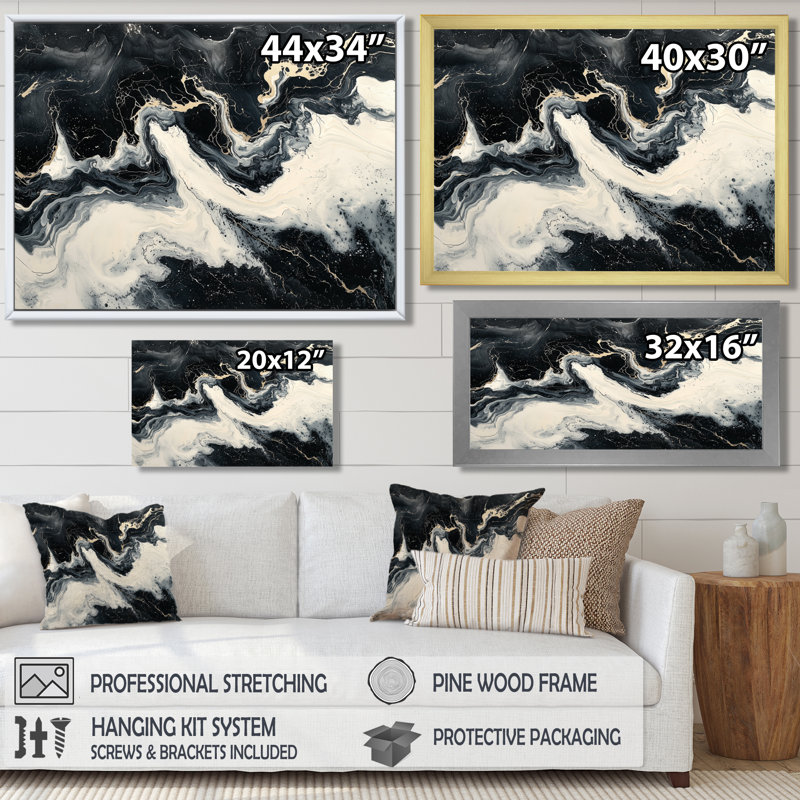 Art moderne sur toile en marbre, Noir, Cadre flottant, H 16 po x l 32 po