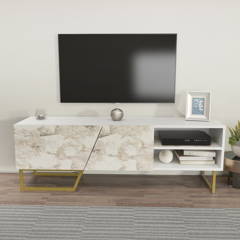 Deonica 59'' Media Console for TVs up to 75", White/White Marble/Gold