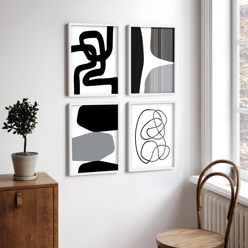 "Décoration murale abstraite moderne noir et blanc Boho", 4 pièces, Blanc, H 10 po x l 8 po