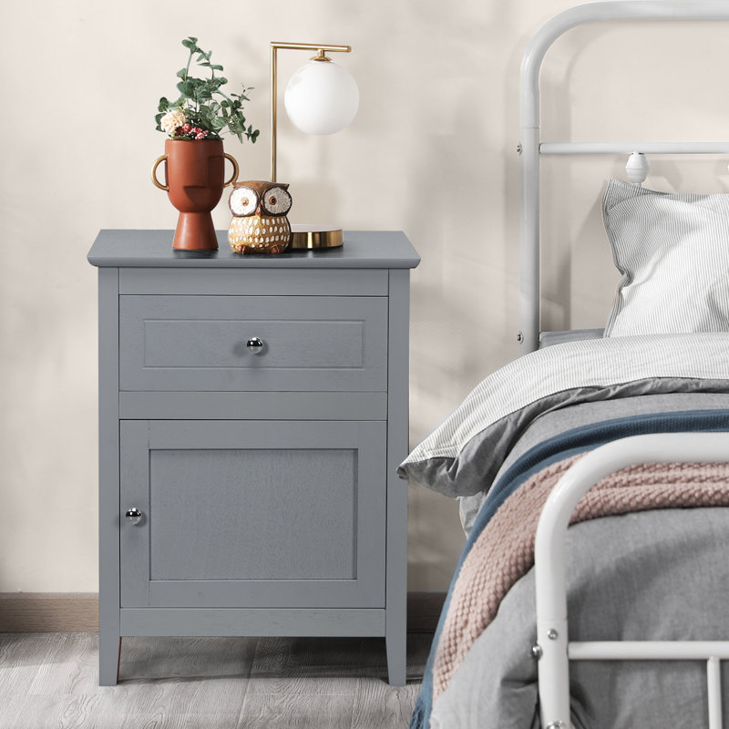 Bourrache Wooden Nightstand with Drawer and Cabinet, Gray