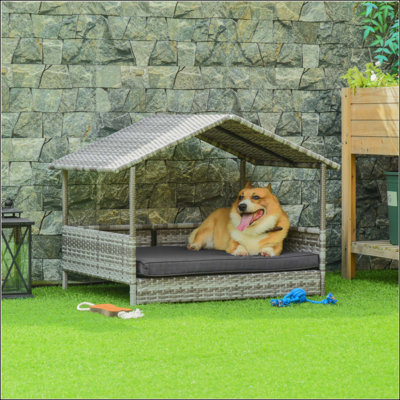 Niche pour chien en osier d'extérieur avec auvent, lit en rotin avec coussin résistant à l'eau, pour petits et moyens chiens