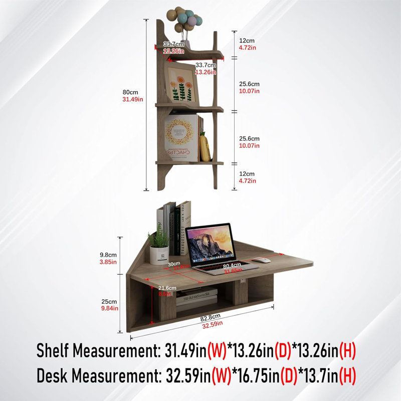 Gray Wall Mounted Fold Down Corner Desk & Shelf Set, Gray