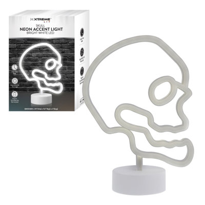 Xtreme Lit 10in Skull Neon Accent LED White Light Table Lamp, 4 Hour Timer, Requires 3 AA Batteries
