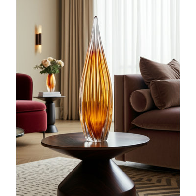 Inori Glam Handcrafted Glass Sculpture with Grooved Teardrop Design and Sleek Contemporary Silhouette