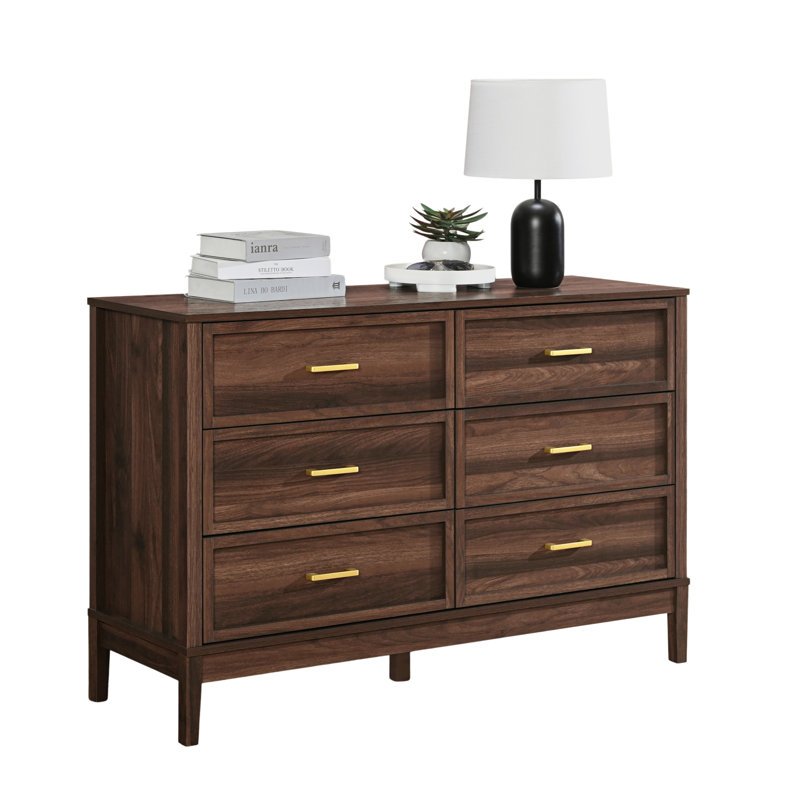 Walter 6 Drawer Dresser for Bedroom, 47.3″ W Modern Wide Chest of Drawers, Wood Storage Organizer for Clothes, Entryway, Hallway, Nursery or Living Room