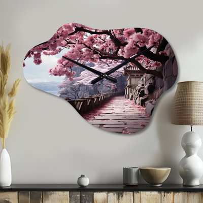 Lutcher Japon Art Cherry Blossom, chemin rose - Art japonais asymétrique, horloge murale