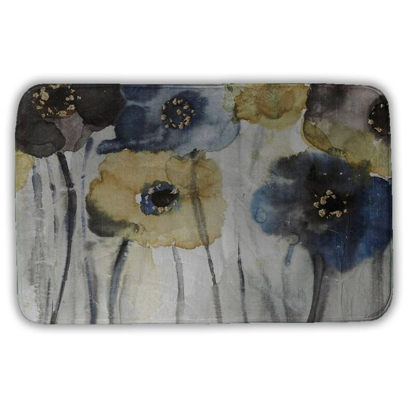 Gray blue and yellow flowers Bath Mat with Non-Slip Backing - Quick Dry Memory Foam Bathroom Rug - Absorbent - Modern Plush Spa-Style - Machine Washable
