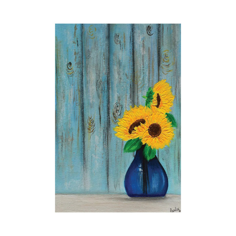 Sunflowers In Blue Vase by Amita Dand - Wrapped Canvas Print, 30.48cm H x 20.32cm W x 1.91cm D