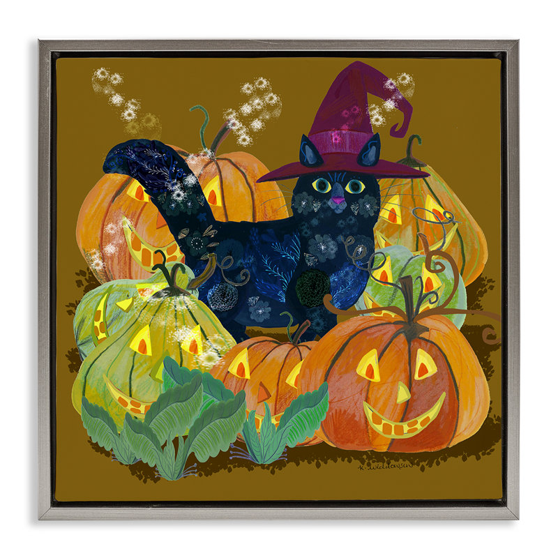 Chat avec cadre flottant Jack-o-Lanterns, design par Kay Widdowson, H 18 po x l 18 po, Cadre flottant gris lustré