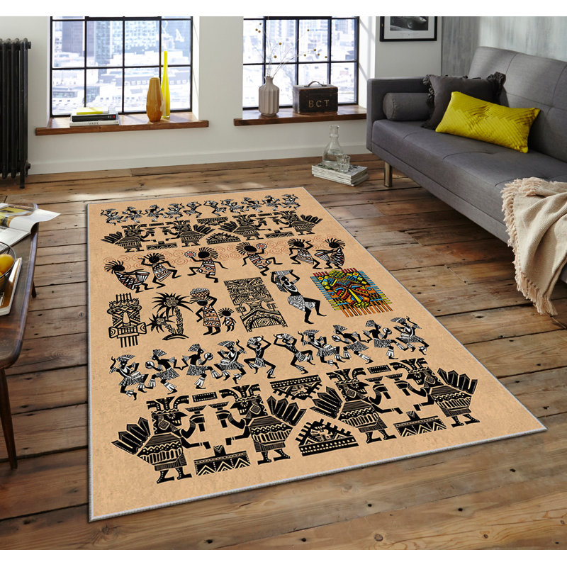 Tapis rectangulaire tissé à la machine en polyester brun clair / noir Kaylyn, Rectangle 3 pi 11 po x 5 pi 11 po