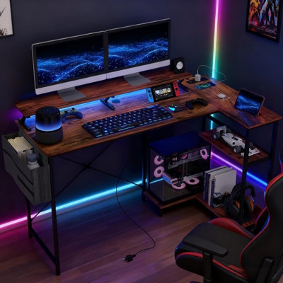 Computer Desk, L Shaped Corner Desk With Shelf, Power Outlets And LED Lights
