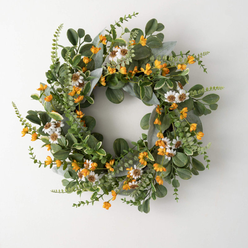Couronne de fleurs artificielles marguerite et souci, H 22 po x l 22 po x P 7,5 po