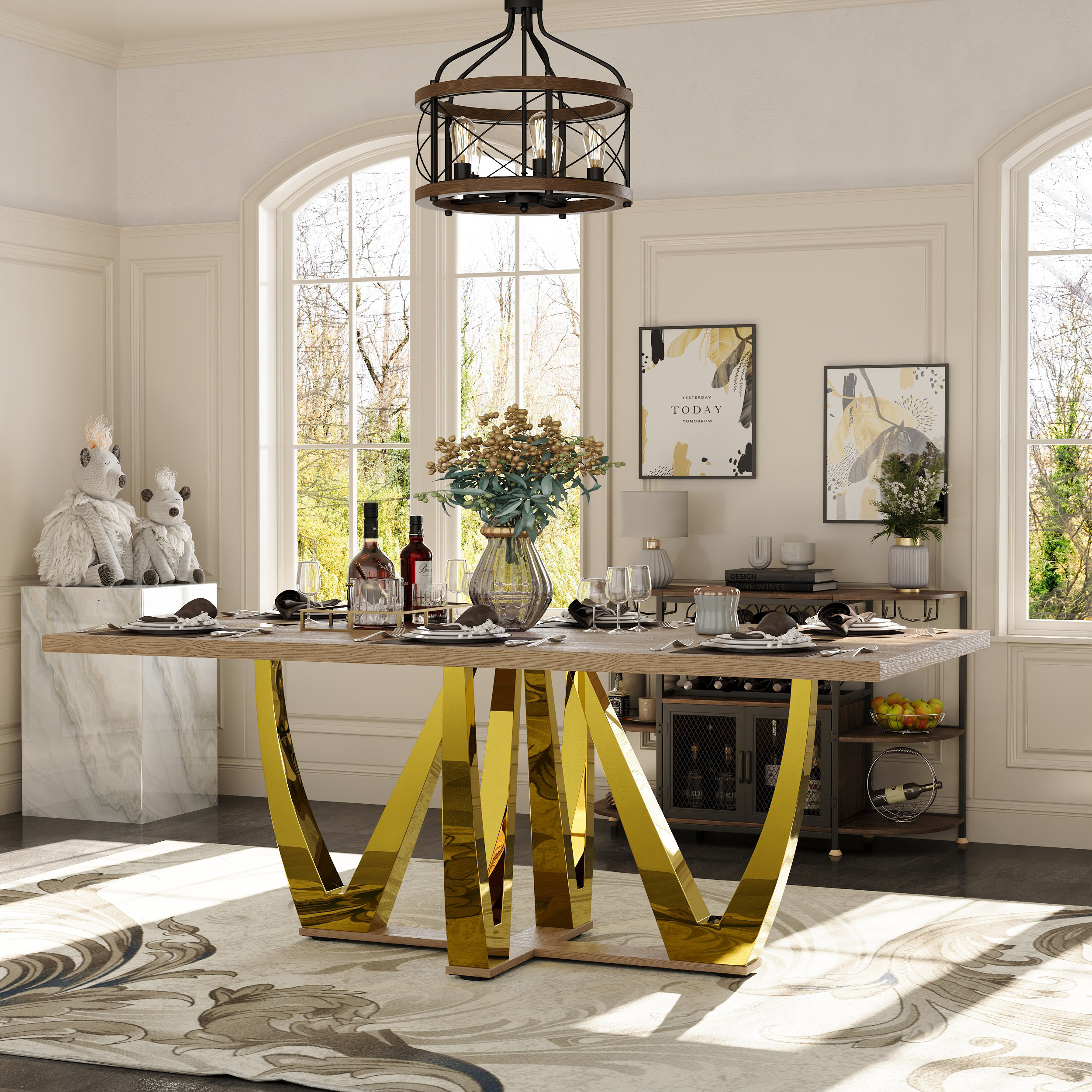 Everly Quinn 78 inch Wood Dining Table With Polished Gold Base