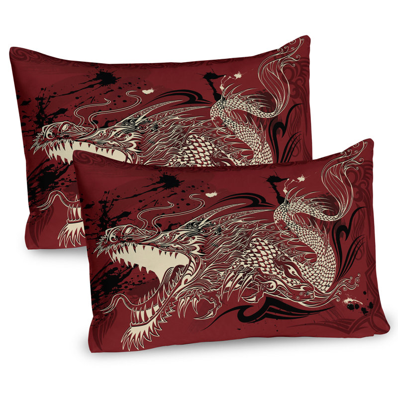 Ensemble de 2 taies décoratives Ambesonne Eastern Dragon Doodle - ivoire et rubis, H 20 po x l 26 po