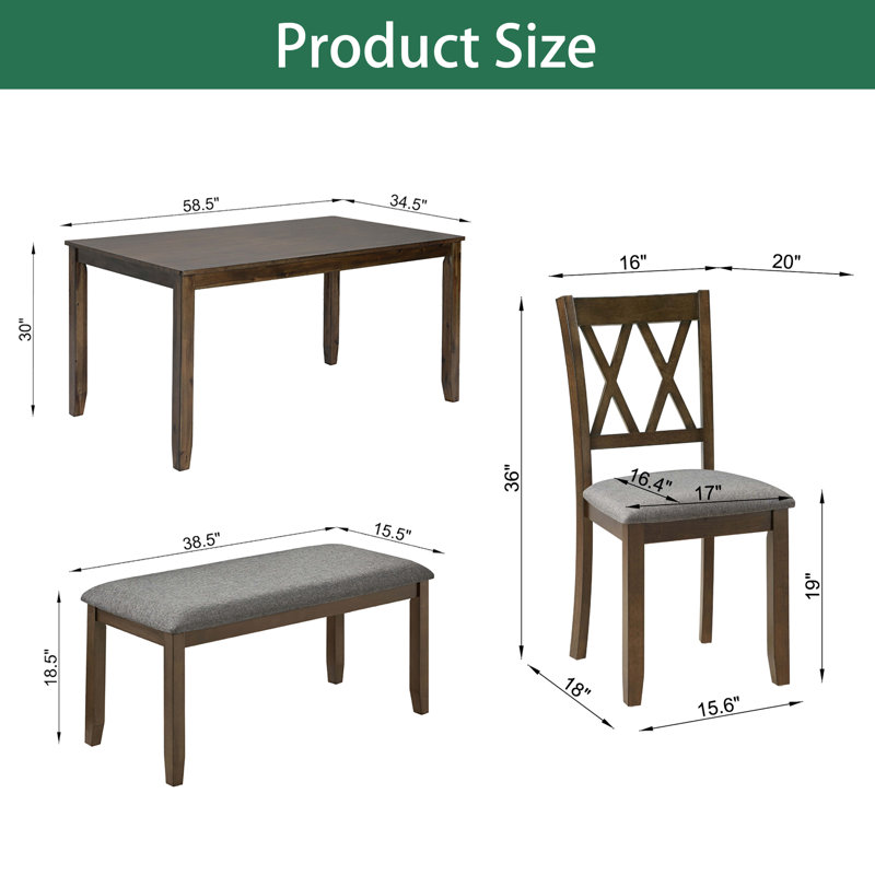 6-Piece Wooden Dining Table Set with 4 Upholstered Chairs and a Upholstered Bench