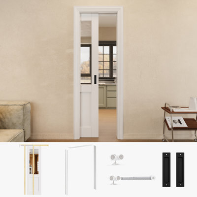 Porte de placard coulissante à miroir 24 po x 80 po avec quincaillerie noire et cadre de porte à gousset blanc