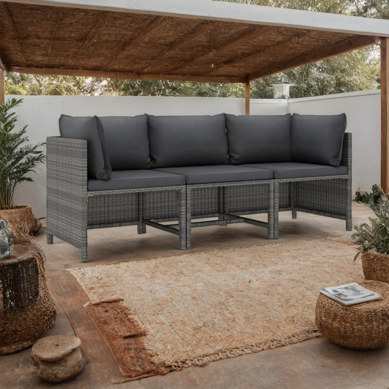Ensemble de canapé modulaire d'extérieur 3 pièces Ley, polyester gris foncé, rotin de polyester
