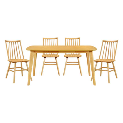 Natural Oak Finish Casual Dining Table And Chairs Curved Backrest Windsor Wooden Dining Kitchen Furniture