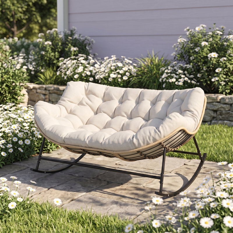 Chaise berçante moderne en osier PE pour 2 personnes, capacité de poids de 650 lb et coussin épais Weixel, Beige