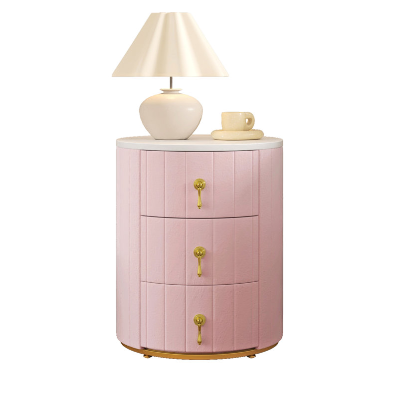 Table de chevet ronde, table de chevet rembourrée rose à 3 tiroirs, poignées en métal doré et plateau autocollant imperméable, assemblage simple pour la présentation de la chambre à coucher