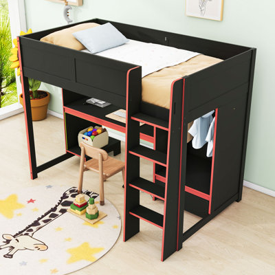 Lit mezzanine avec bureau, garde-robe, DEL et rangement Gaming