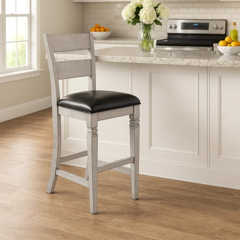 Ensemble de 2 tabourets de bar Zeka, similicuir noir, échelle en bois gris