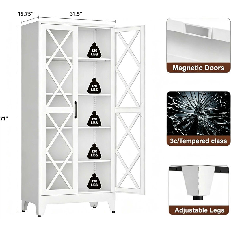 Armoire de rangement en métal de 71 po de hauteur avec 2 portes et 4 tablettes réglables (blanche), Blanc, GlassDoor