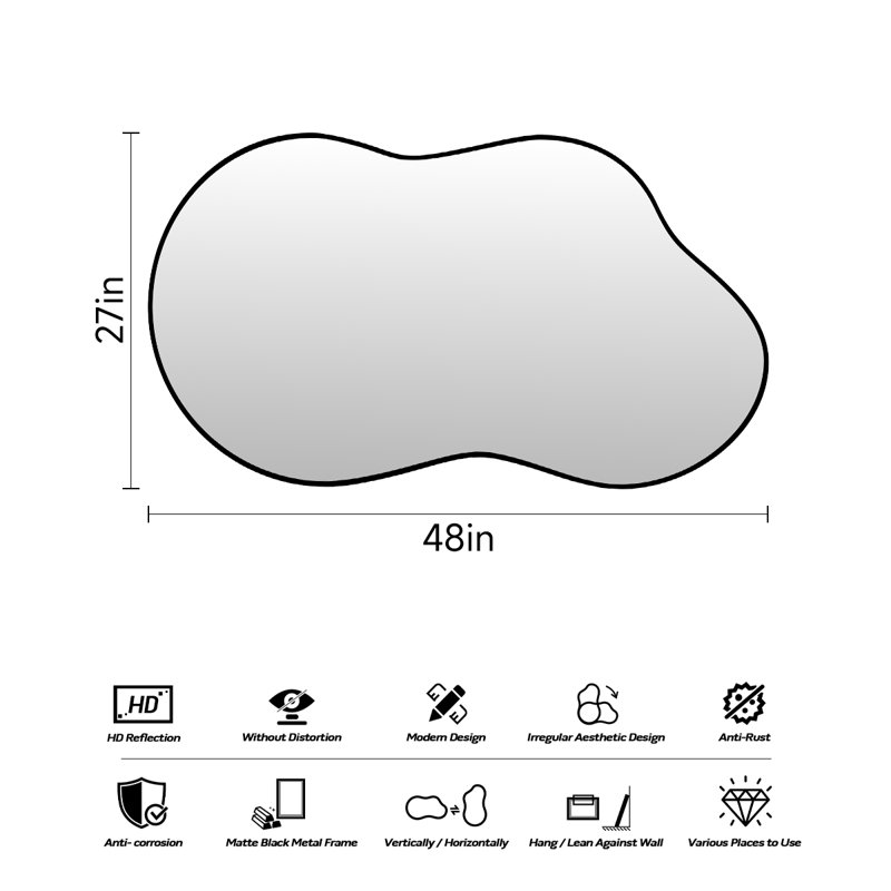 Miroir mural asymétrique en forme de nuage - cadre noir mat, installation facile, 27 po x 48 po