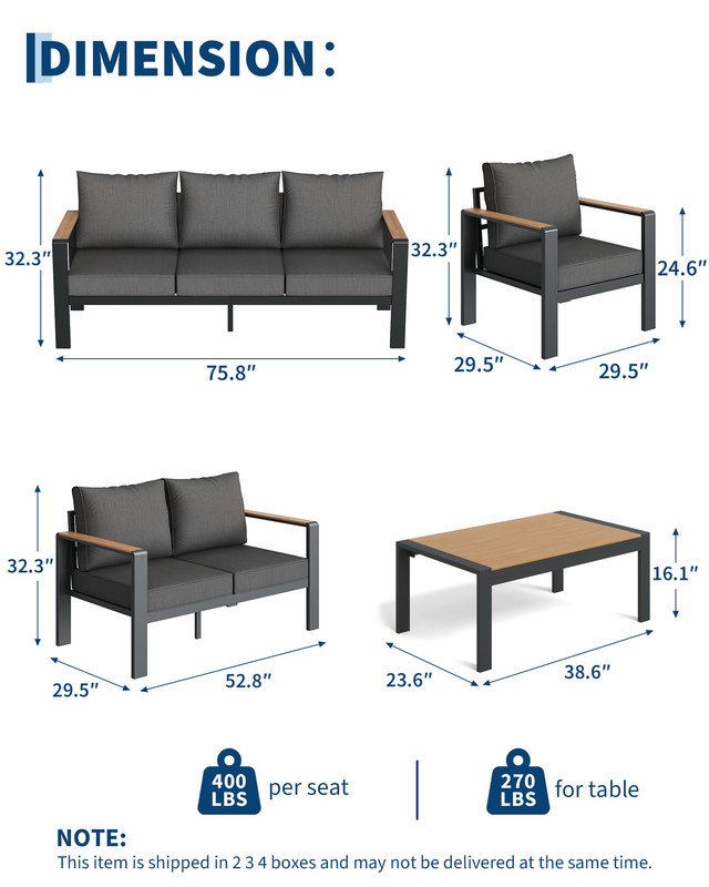 Ensemble de conversation de patio en aluminium 5 places avec coussins épais et table basse – Idéal pour le porche, la terrasse ou le jardin