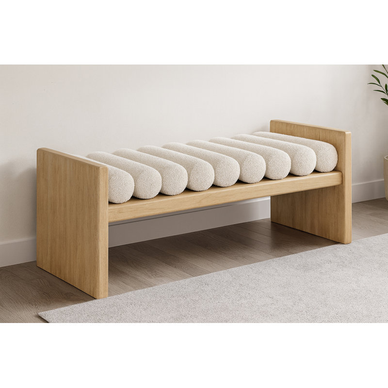 Banc en bois Boucle, Tissu crème bouclé / finition naturelle, H 18 po x l 52 po x P 19 po
