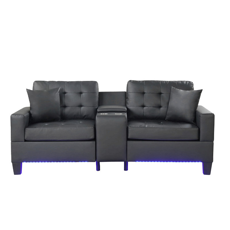 Canapé rembourré en PVC avec lumières à DEL et console de rangement, noir