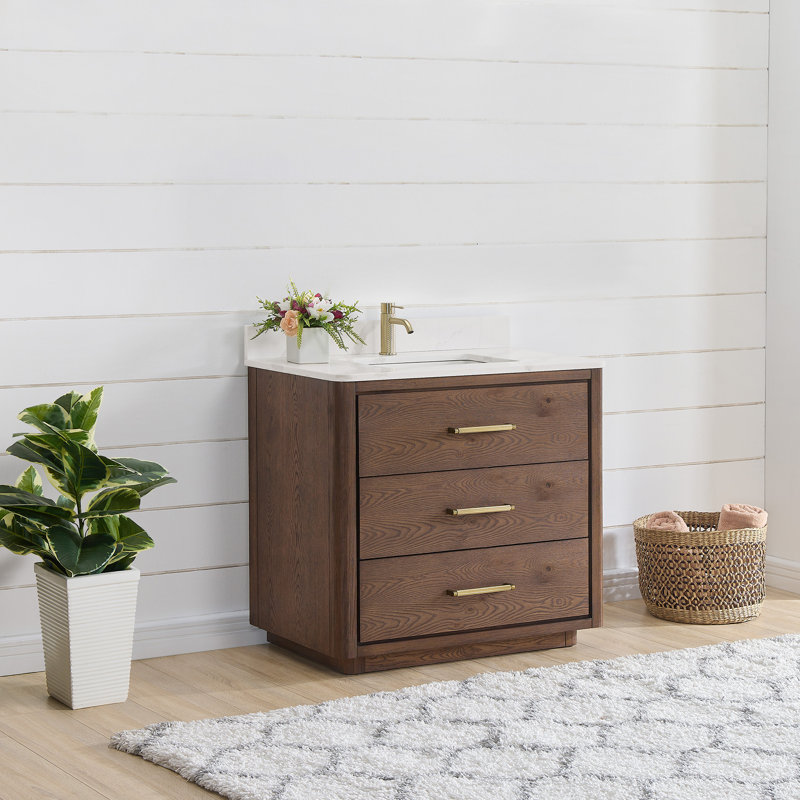 Porto 36'' Free Standing Single Bathroom Vanity with Quartz Top, Dark Brown Oak, Gold
