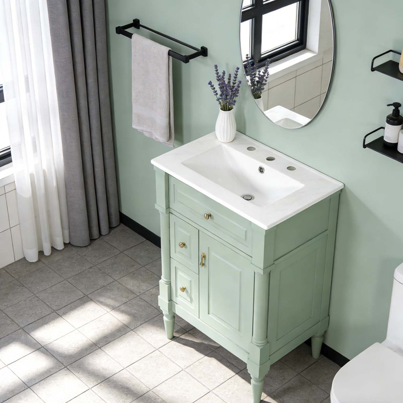Meuble-lavabo de 24 po avec lavabo, tiroir rabattable et tablette réglable pour un rangement élégant, Vert